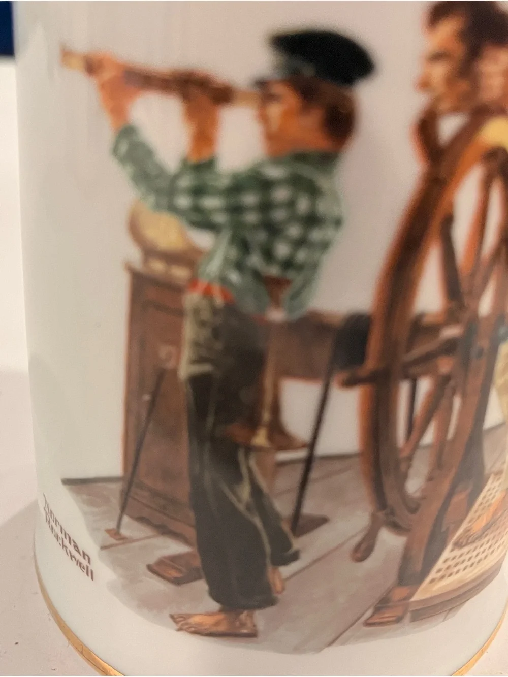 Vintage 1985 Norman Rockwell White and Gold Illustrated Ceramic Mugs - Pair